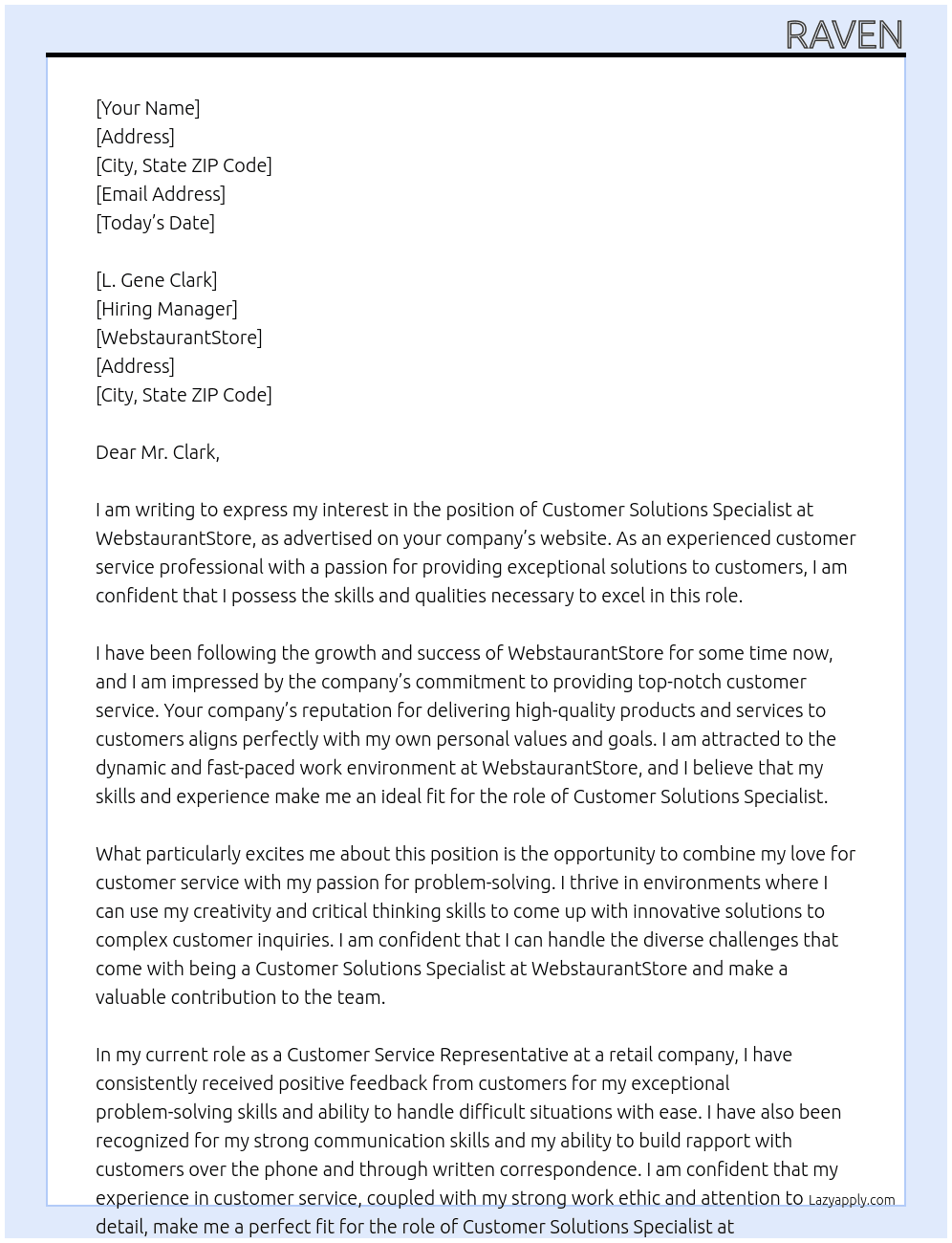 Customer Solutions Specialist At WebsturauntStore Cover Letter