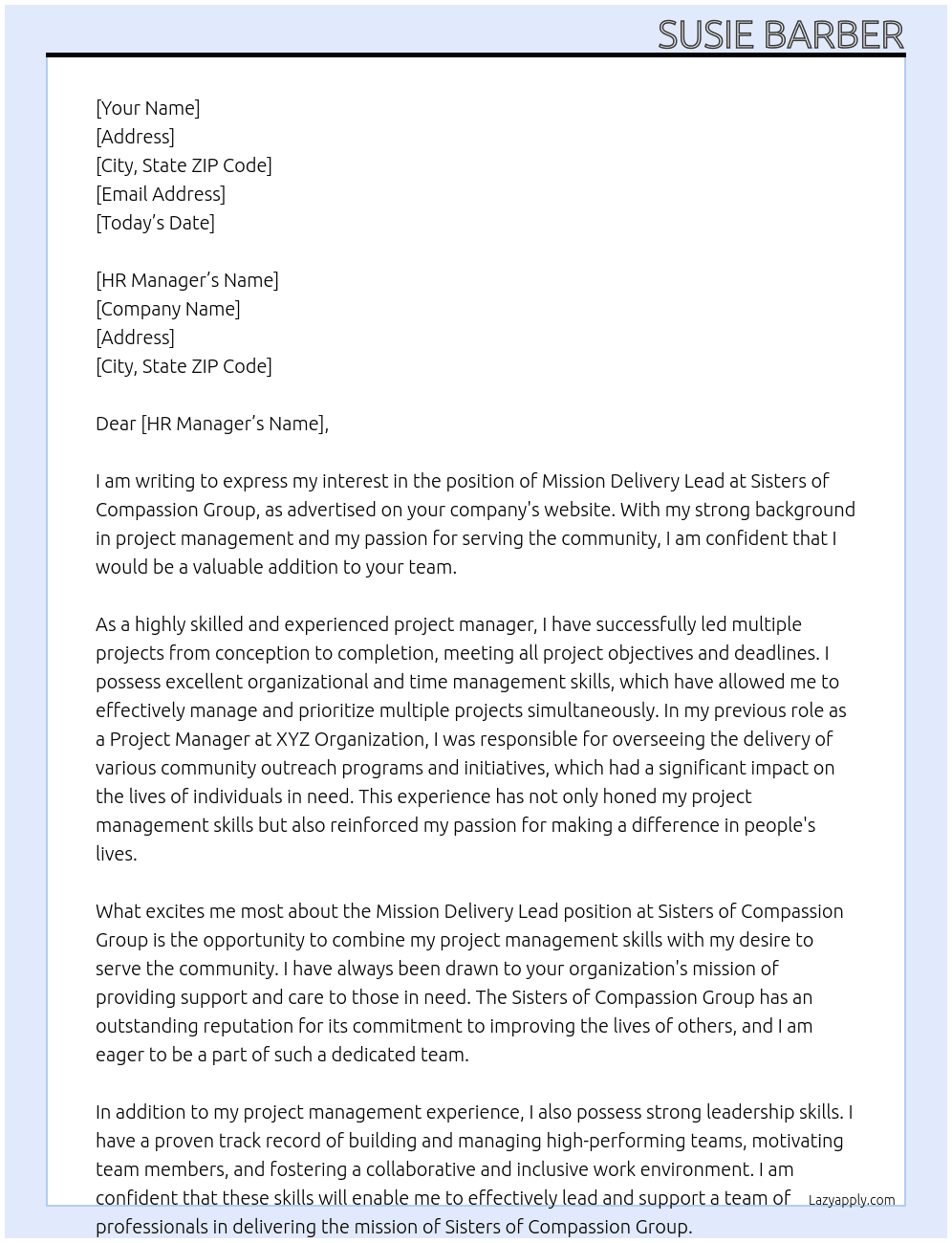 Mission Delivery Lead At Sisters of Compassion Group Cover Letter