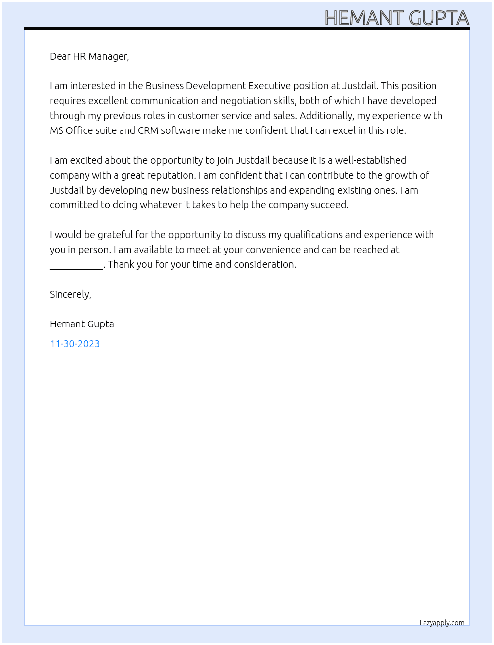 Business Development Executive At Justdail Cover Letter