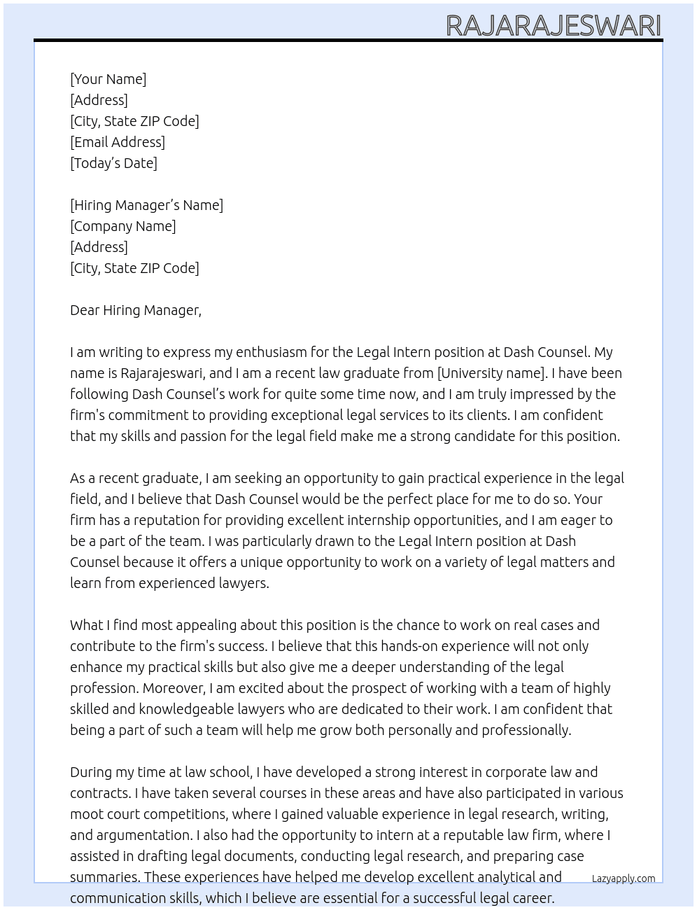 Legal intern  At Dash counsel  Cover Letter