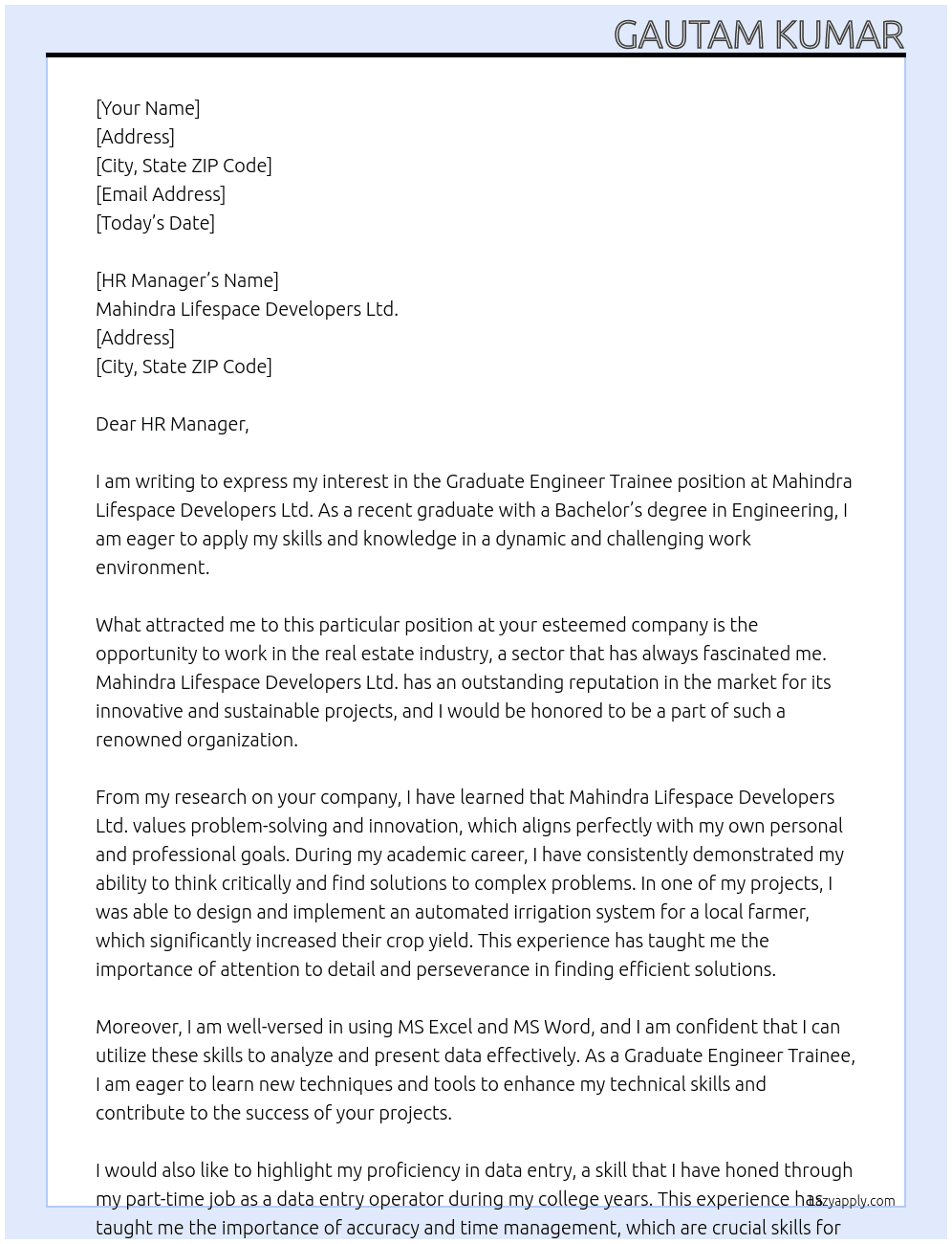 Graduate Engineer Trainee At Mahindra Lifespace Developers Ltd. Cover Letter