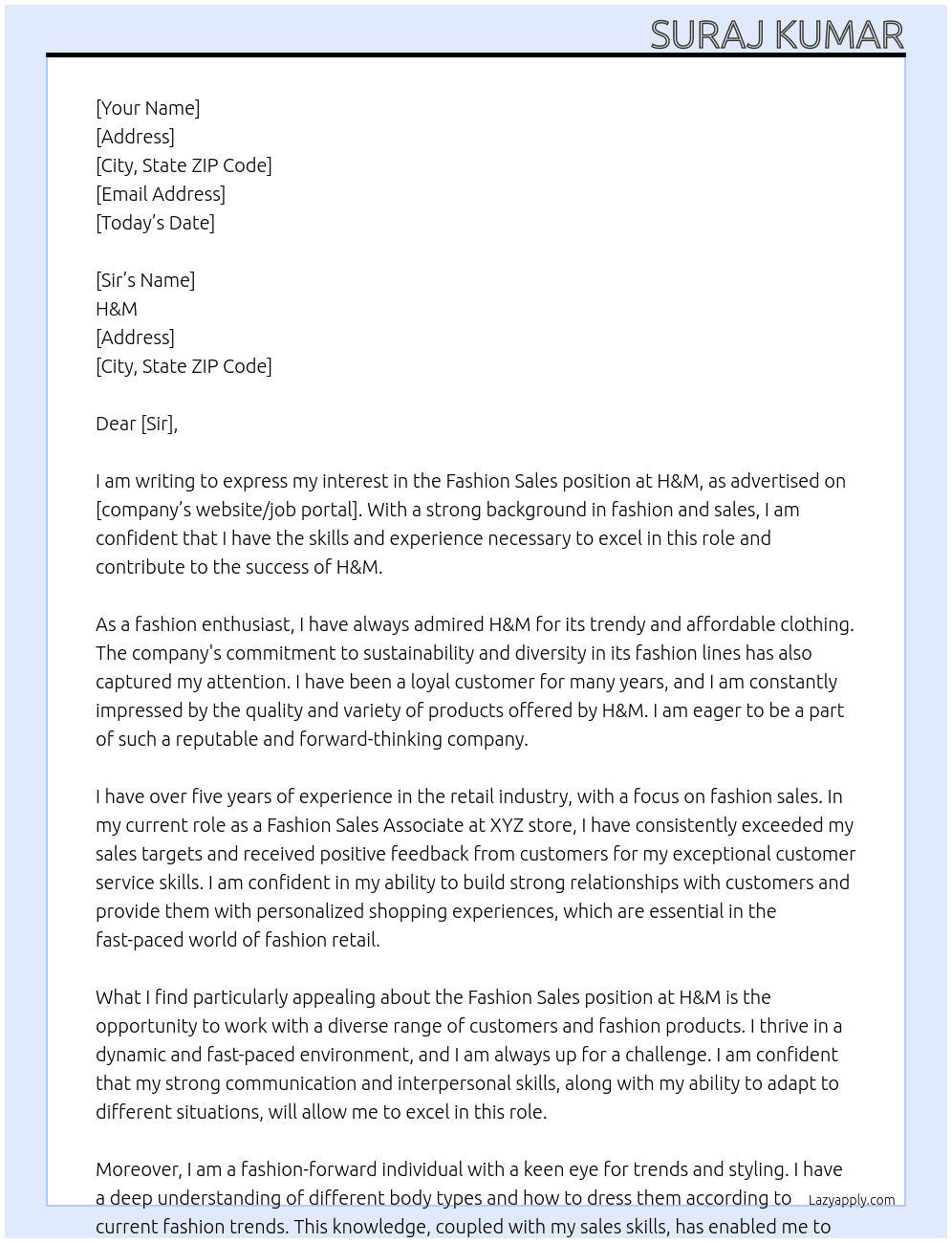 Cover letter for fashion sale - LazyApply