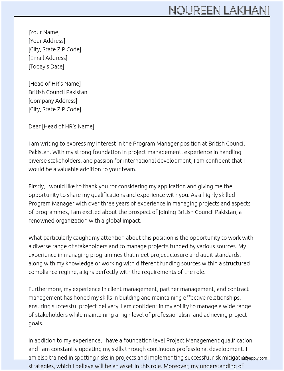 Program Manager At British Council Pakistan Cover Letter