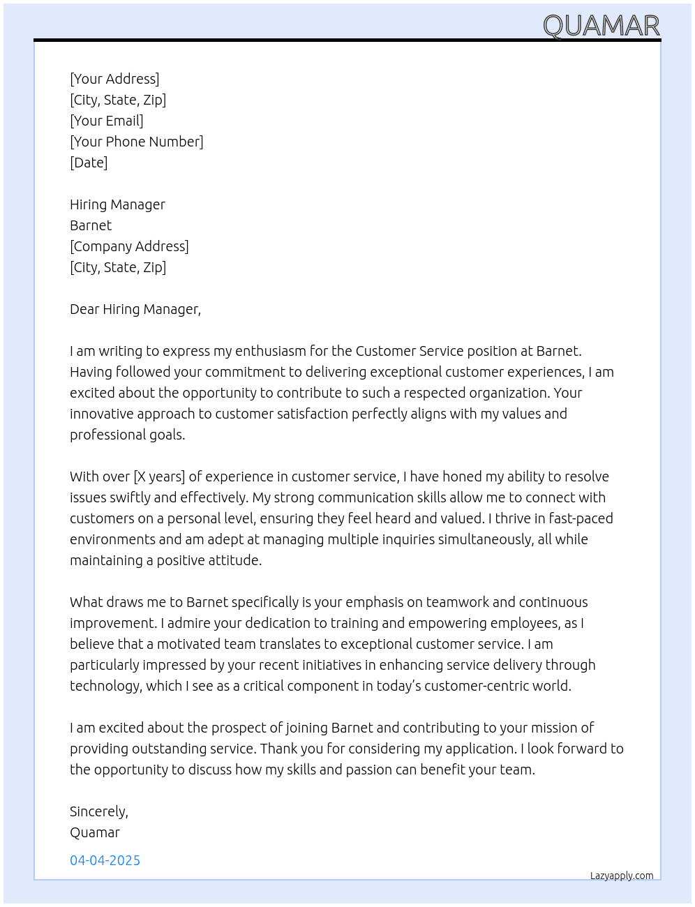 customer service At Barnet Cover Letter