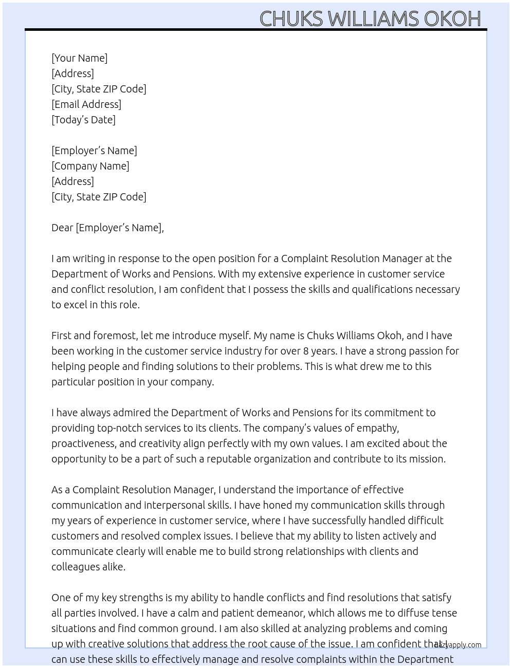 Complaint resolution manager At Department of works and pensions  Cover Letter