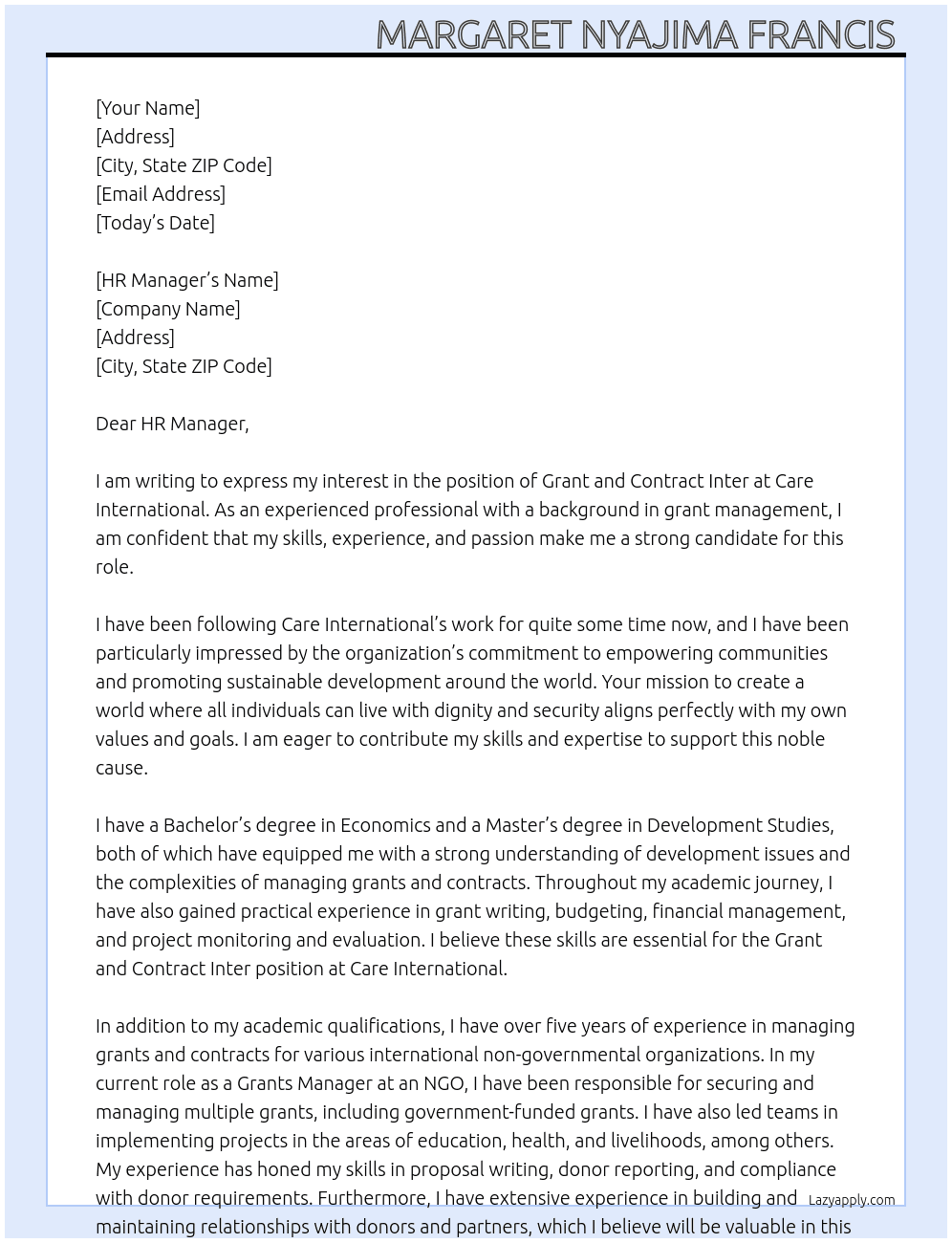 grant and contract inter  At care international Cover Letter