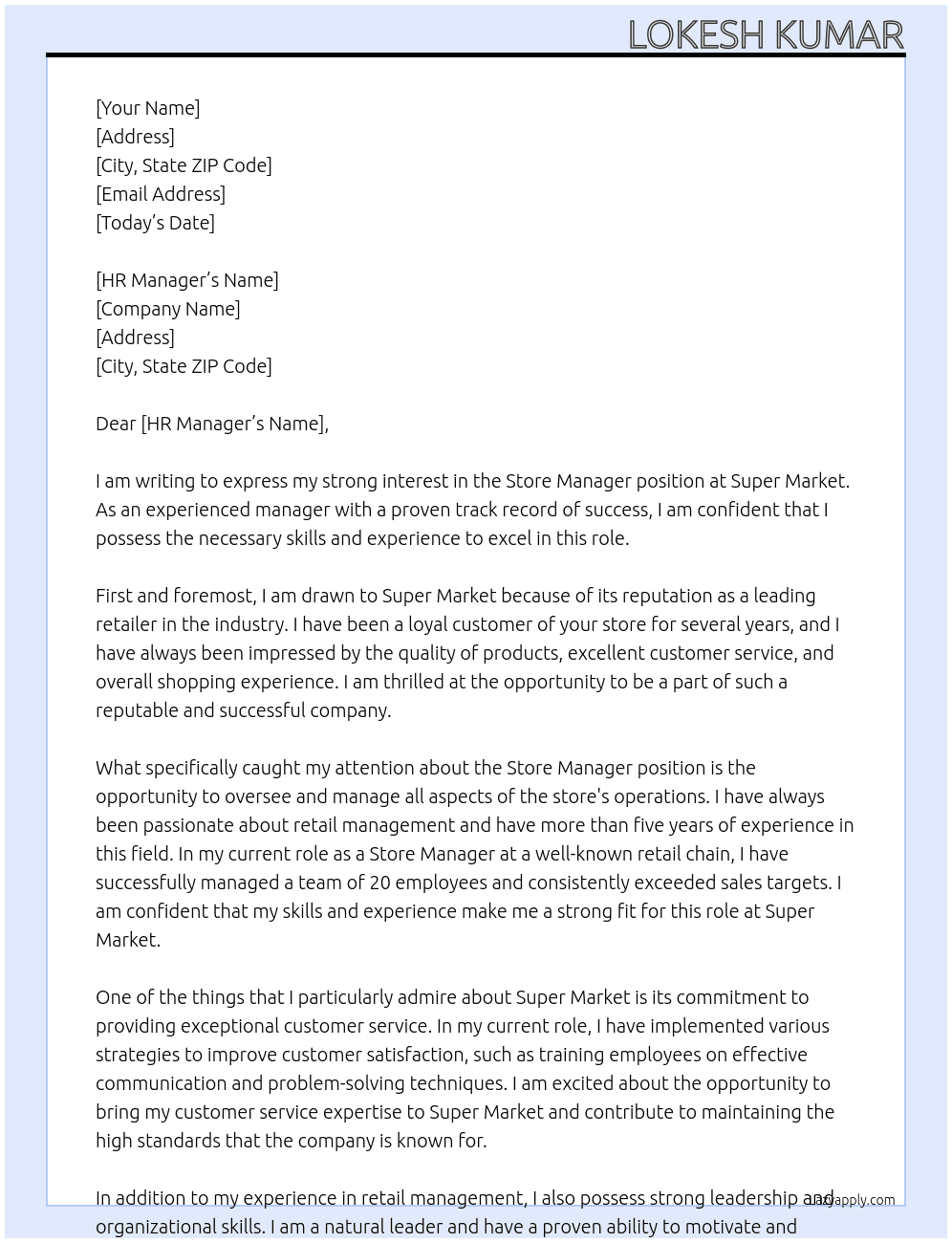 Store Manager At Super Market Cover Letter