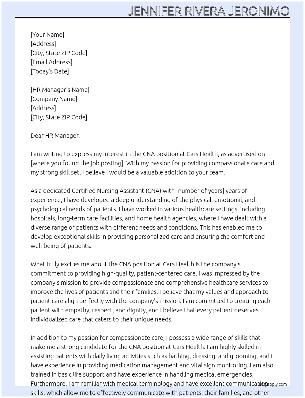 CNA At Cars Health Cover Letter