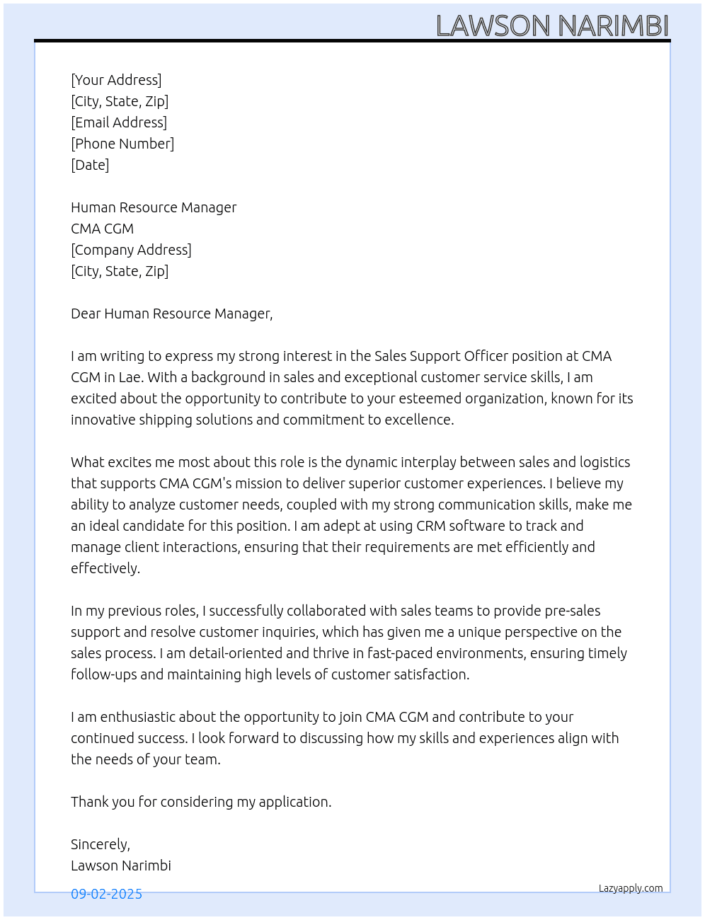 Sales Support Officer-Lae At CMA CGM Cover Letter