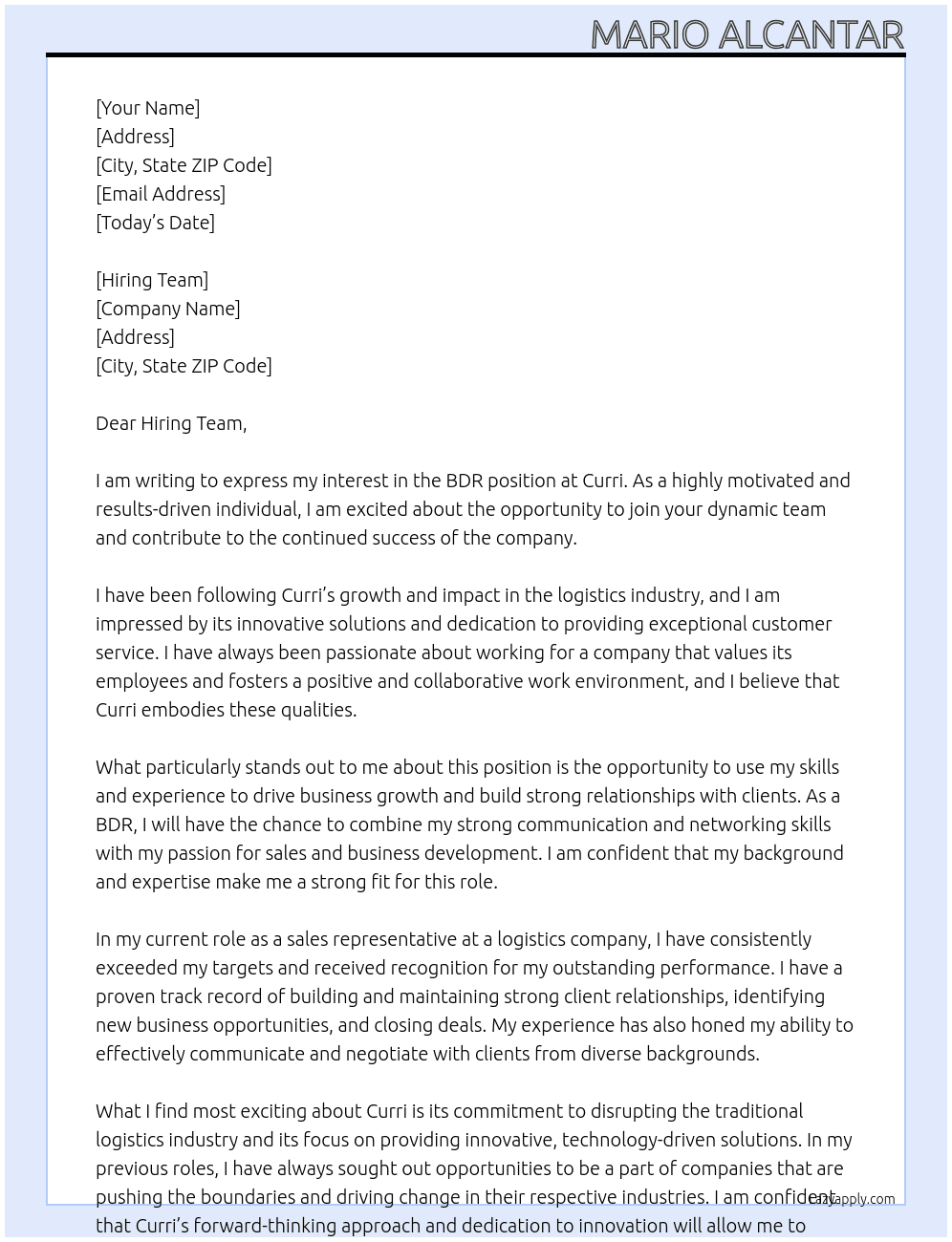 BDR At Curri Cover Letter