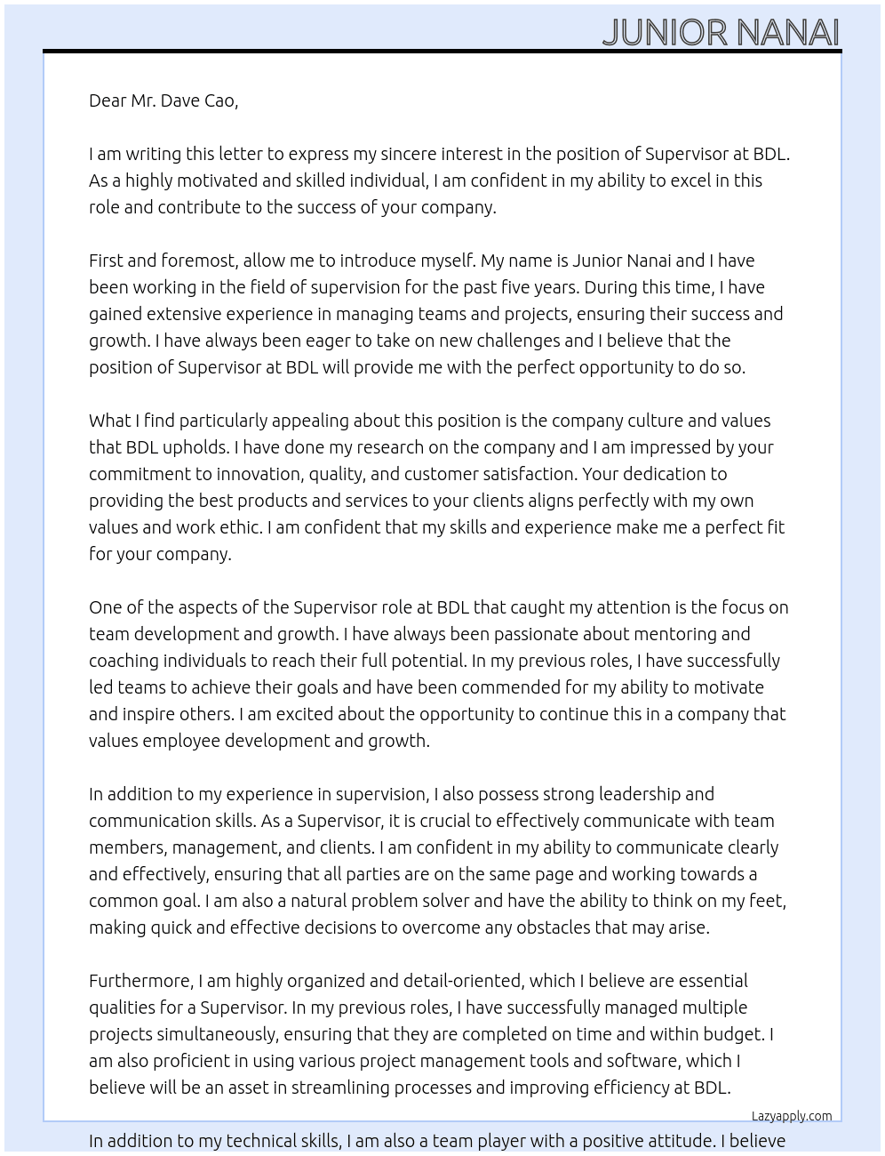 supervisor At bdl Cover Letter