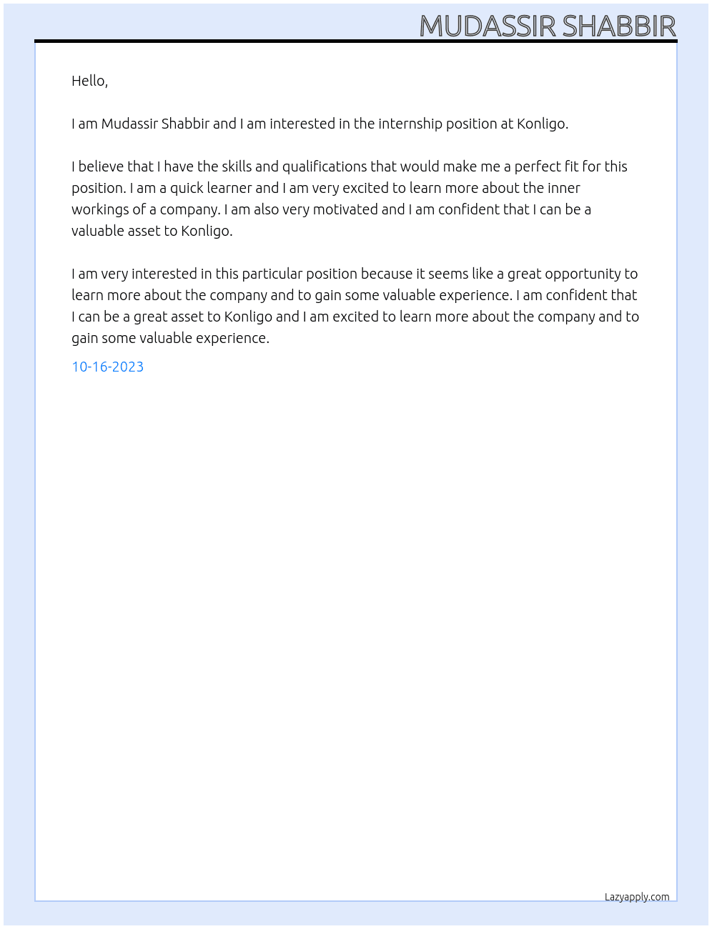 Internship At Konligo Cover Letter