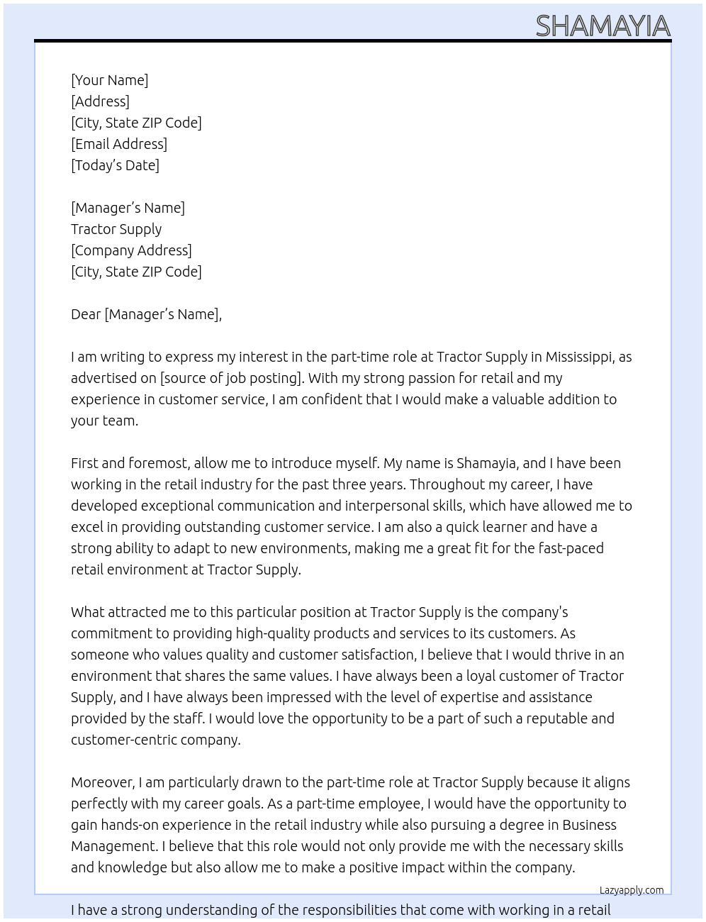 Tractor Supply  At Tractor Supplu Cover Letter