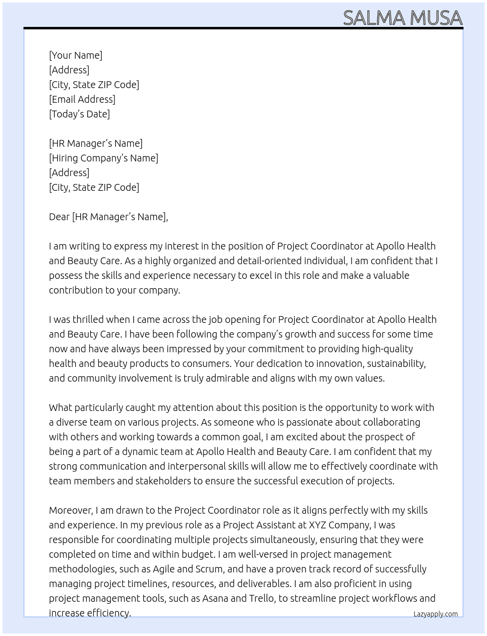 Project Coordinator At Apollo Health and Beauty Care  Cover Letter