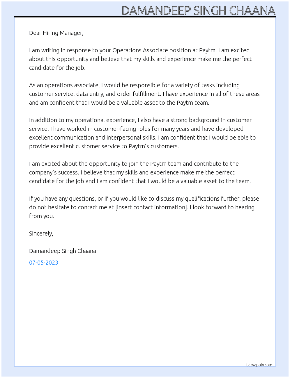 Operations Associate At Paytm Cover Letter