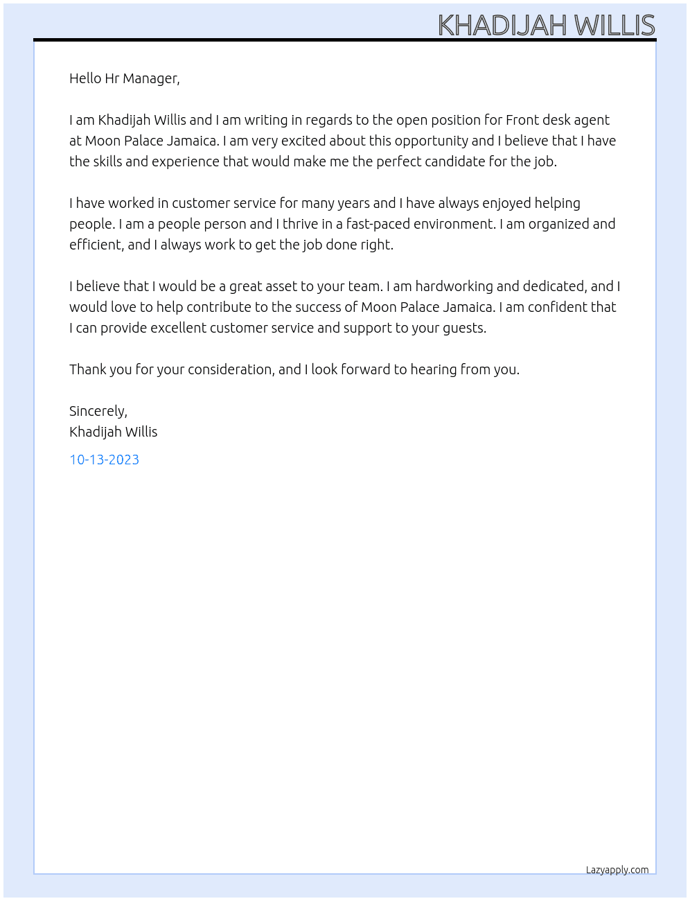 Front desk agent At Moon Palace Jamaica Cover Letter