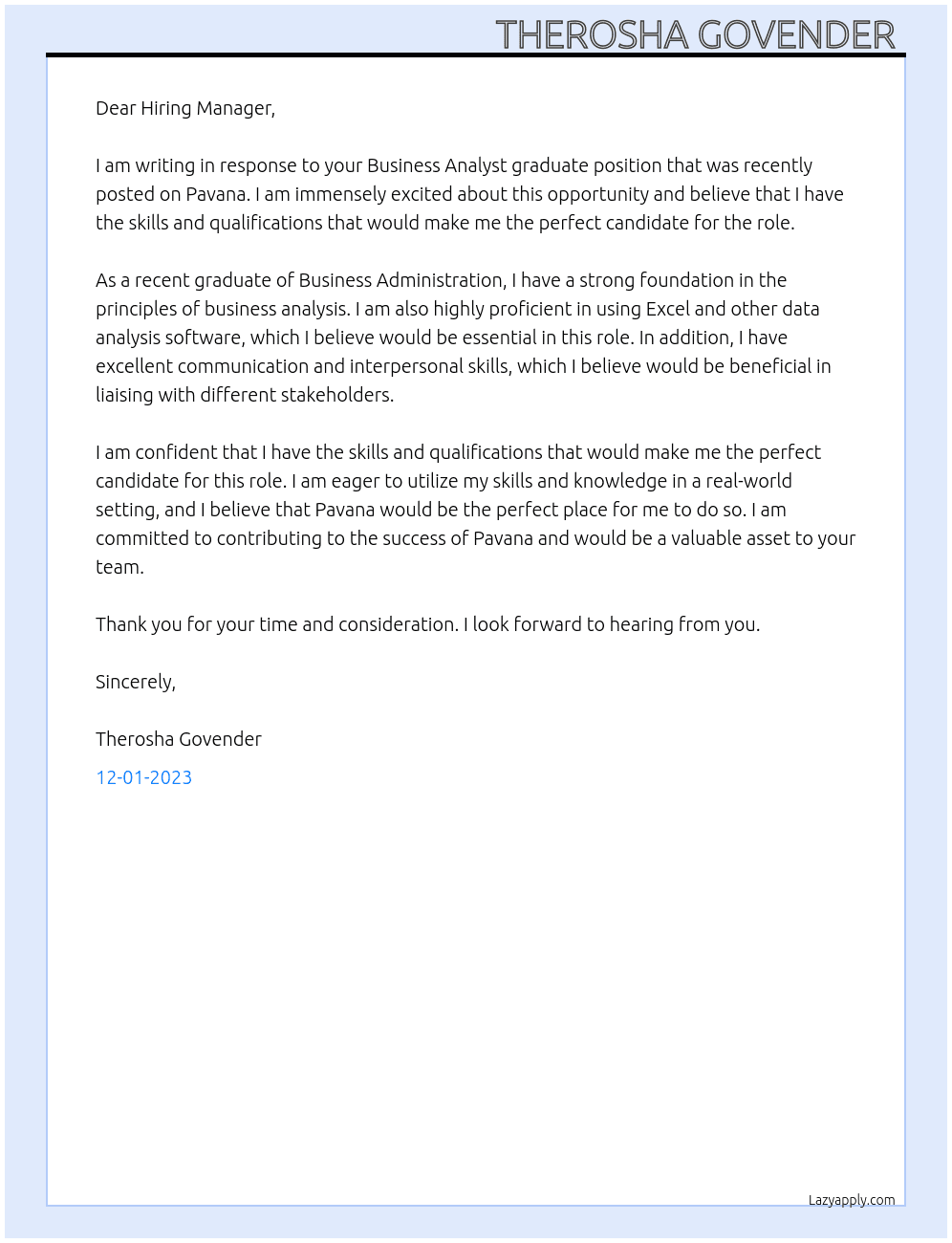 Business Analyst graduate At Pavana Cover Letter