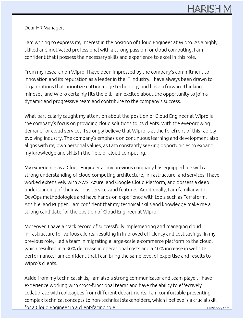 cloud engineer At Wipro Cover Letter