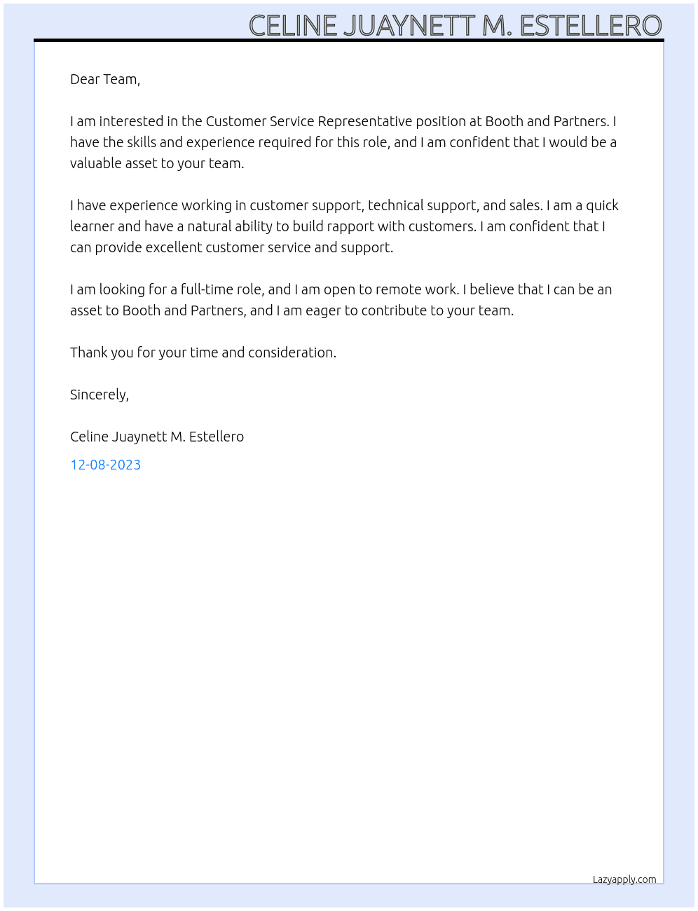 Customer Service Representative At Booth and Partners Cover Letter