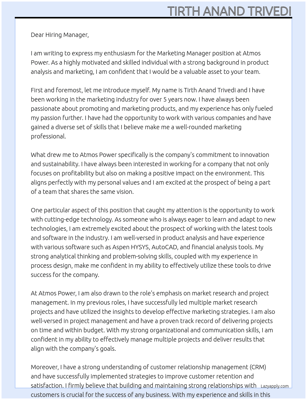 Marketing Manager At Atmos Power Cover Letter