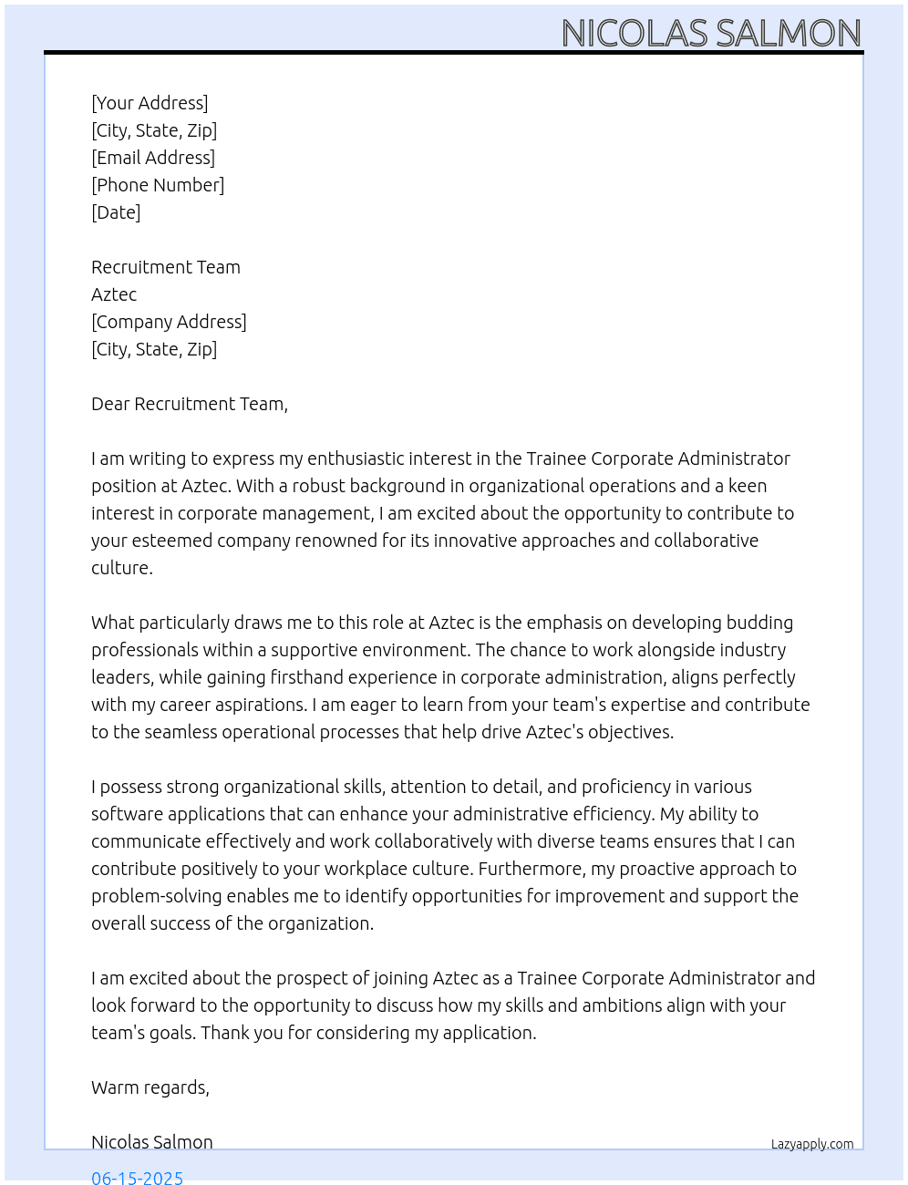 Trainee Corporate Administrator At Aztec Cover Letter
