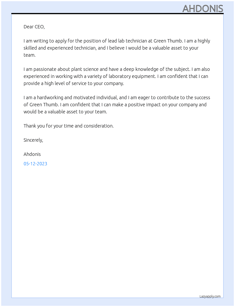 lead lab technician  At Green Thumb  Cover Letter