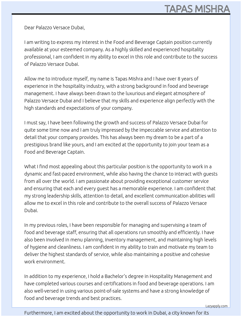 Food and beverage Captain   At Palazzo Versace Dubai Cover Letter