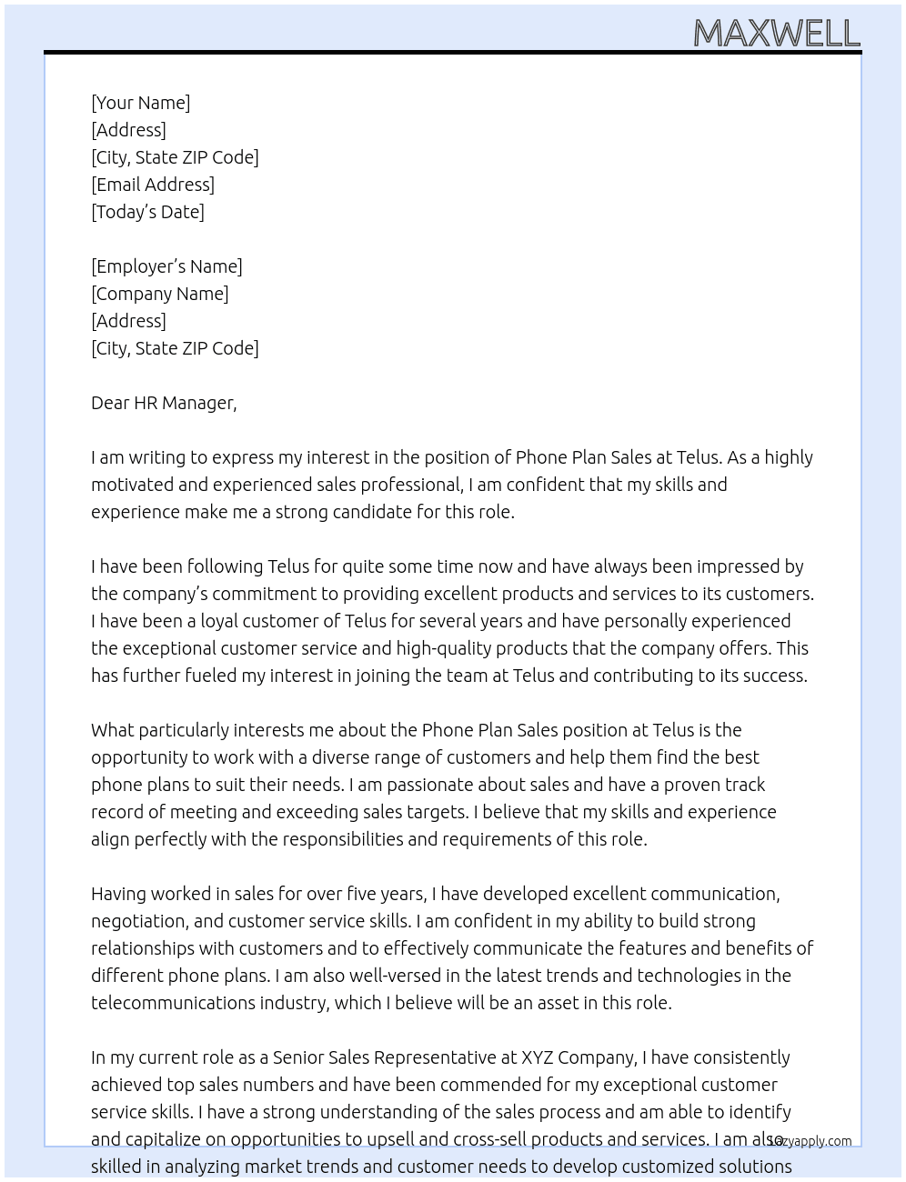 phone plan sales At Telus Cover Letter