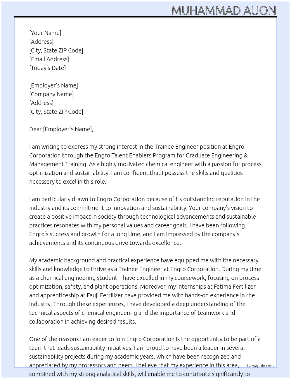 Trainee Engineer At Engro Coorporation Cover Letter
