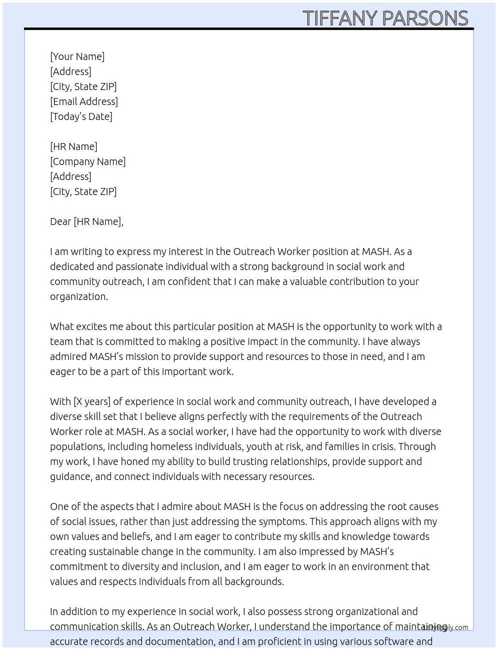Outreach Worker At MASH Cover Letter