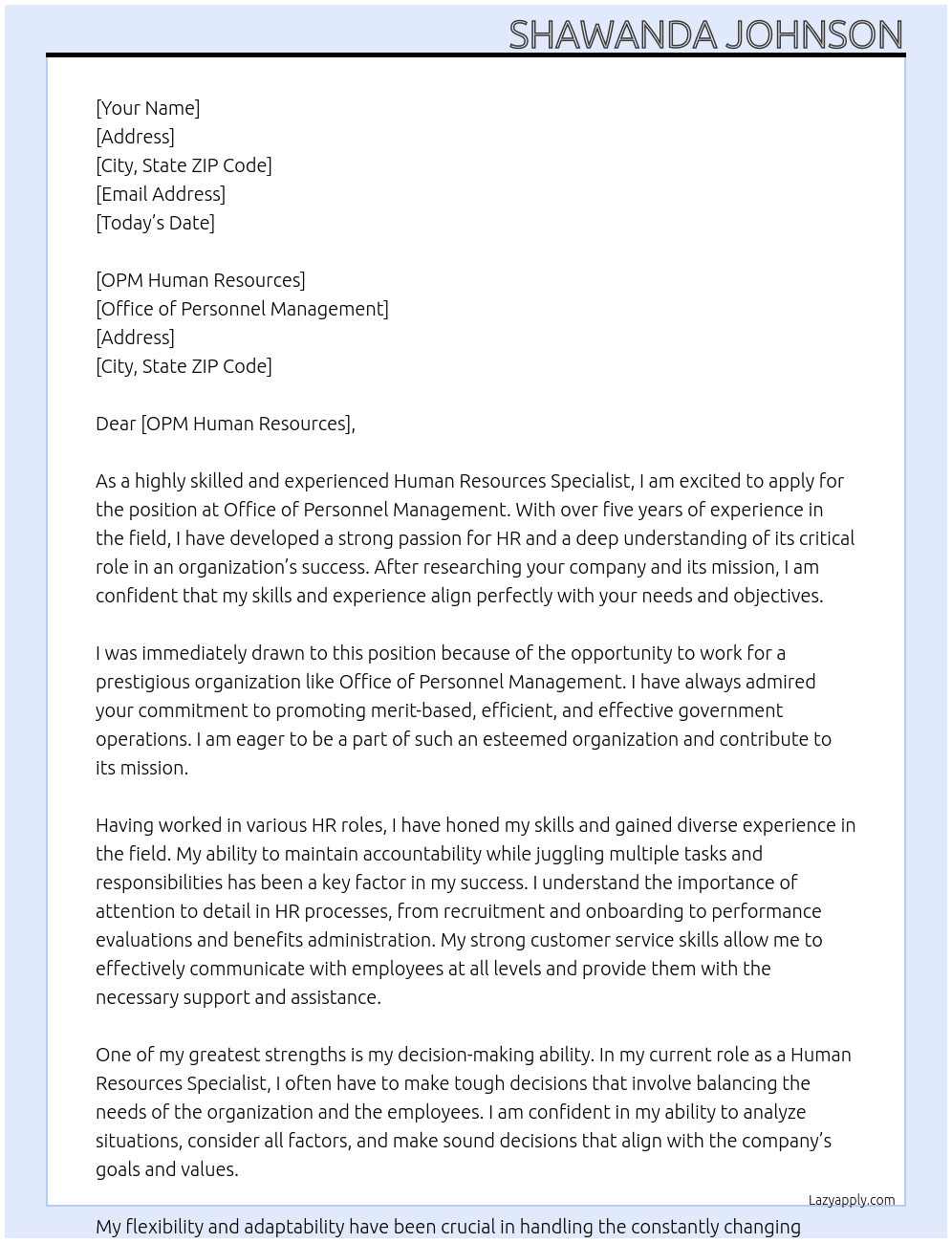 Human Resources Specialist At Office of Personnel Management Cover Letter