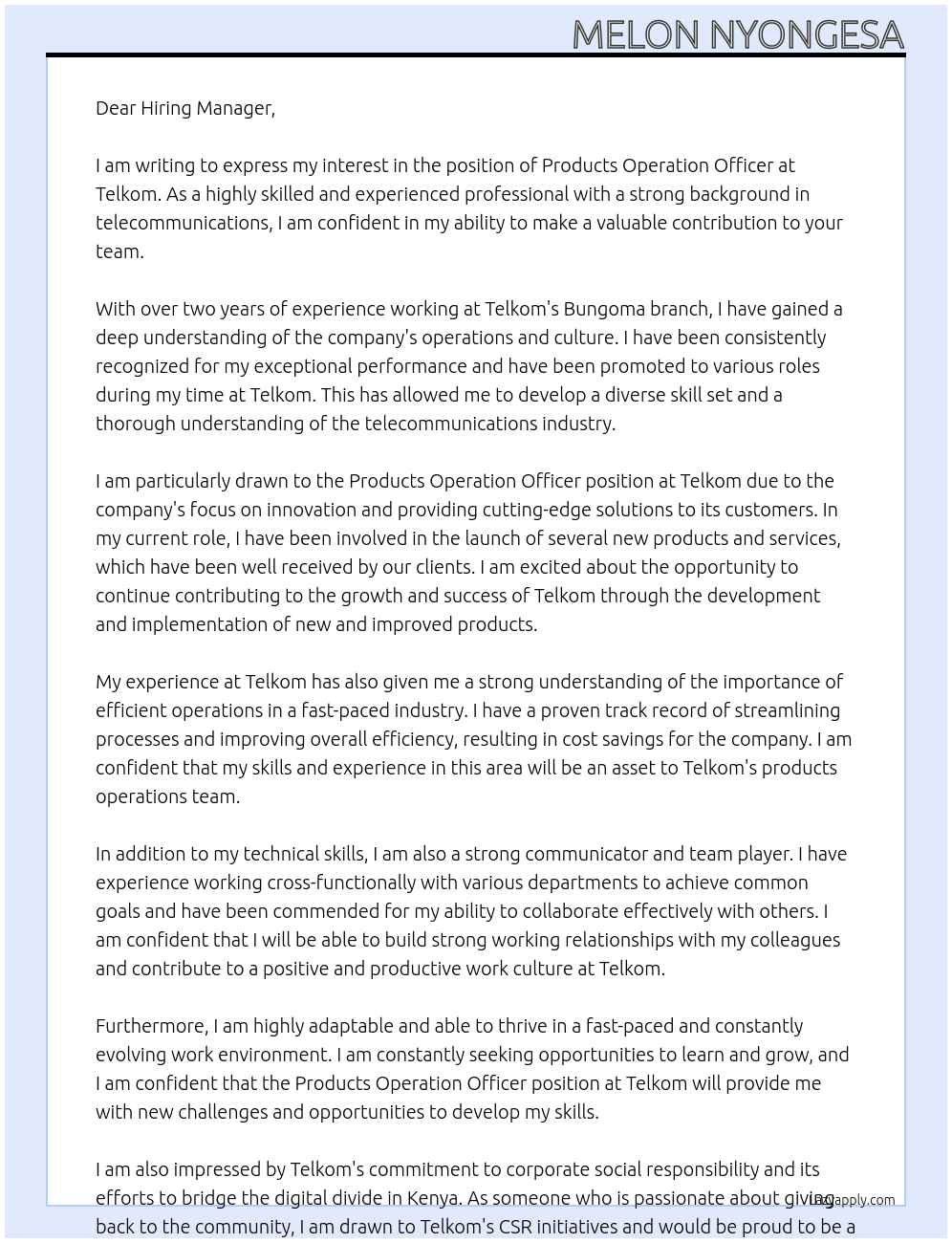 Products operation officer At Telkom Cover Letter