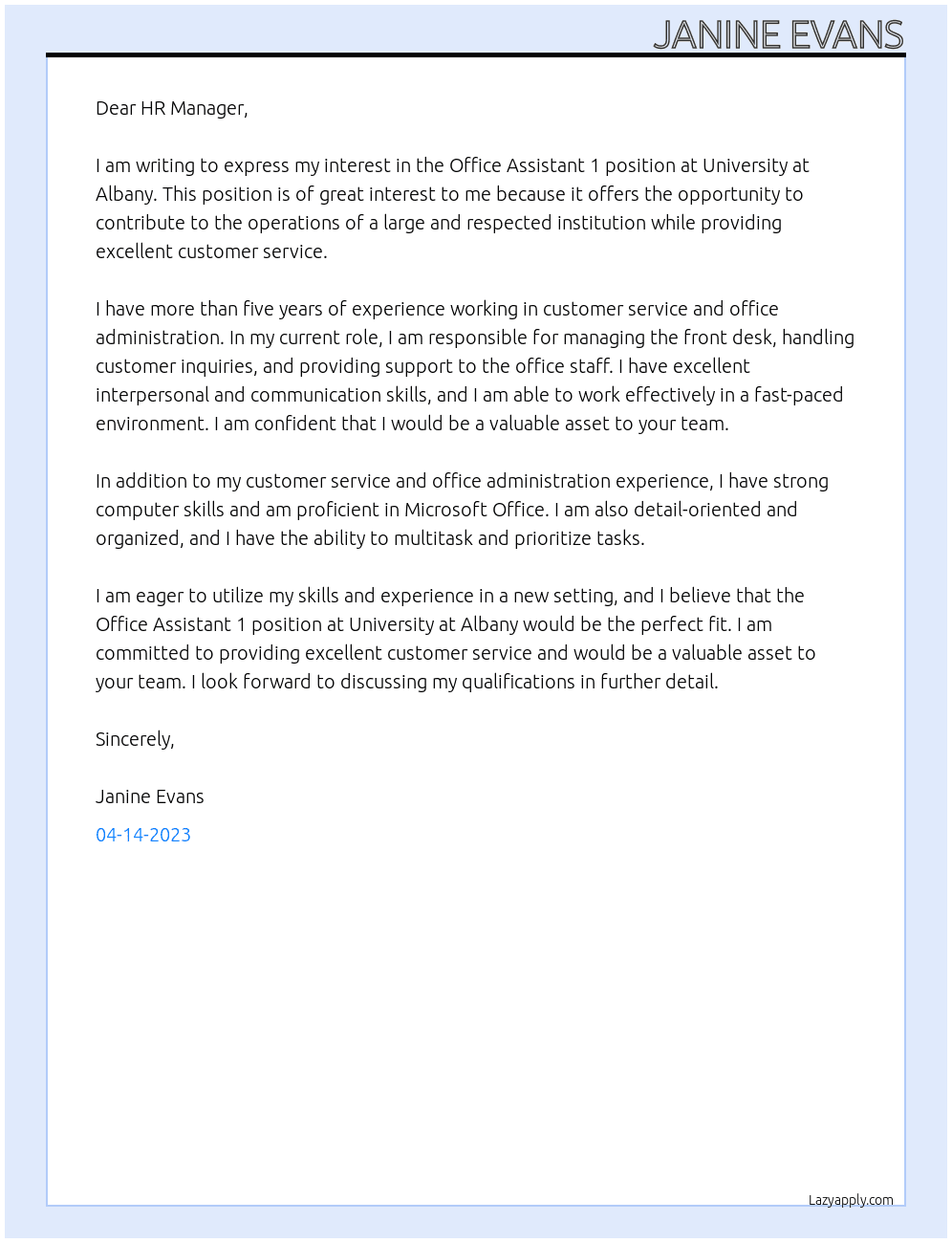 Office Assistant 1 At University at Albany Cover Letter