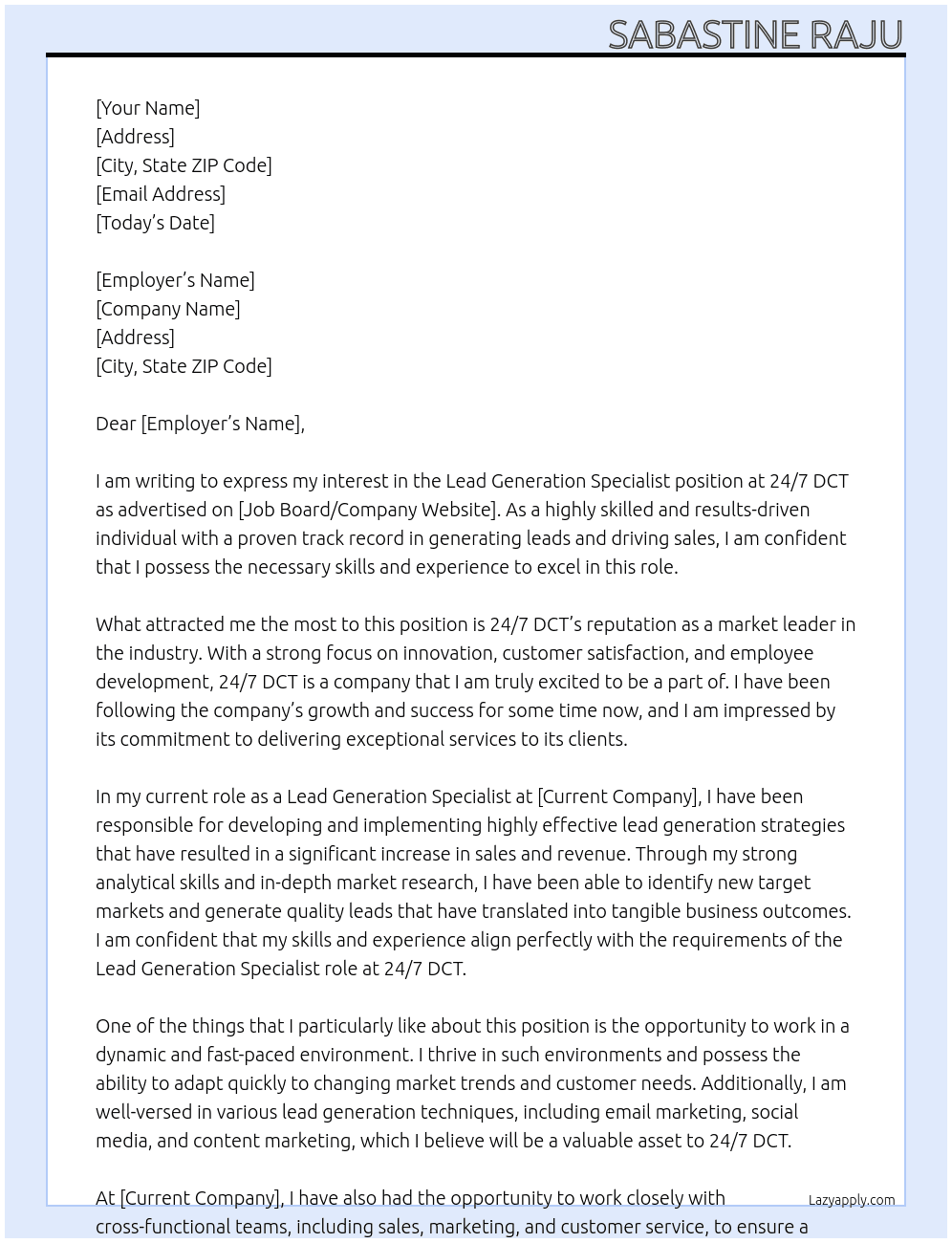 Lead Generation Specialist At 24/7 DCT Cover Letter