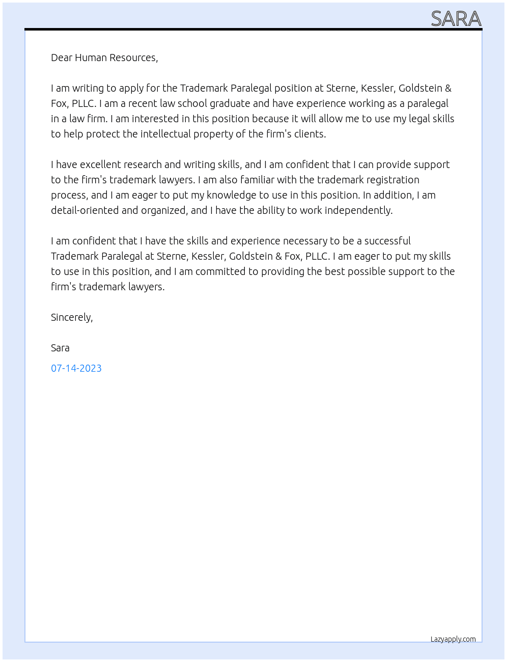 Trademark Paralegal At Sterne, Kessler, Goldstein & Fox, PLLC Cover Letter