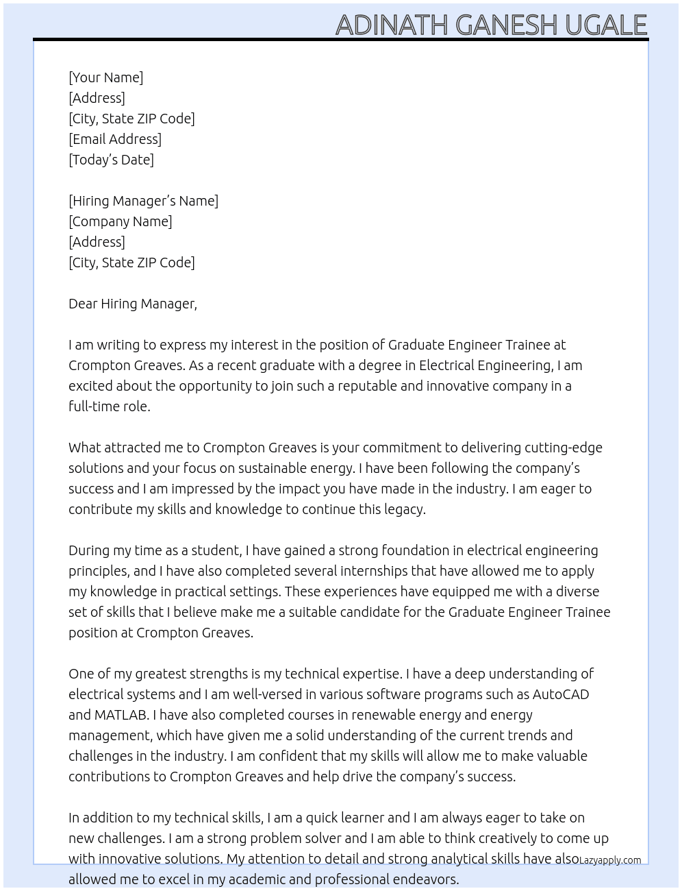 Gradgualte Engineer Trainee At Crompton Greaves Cover Letter