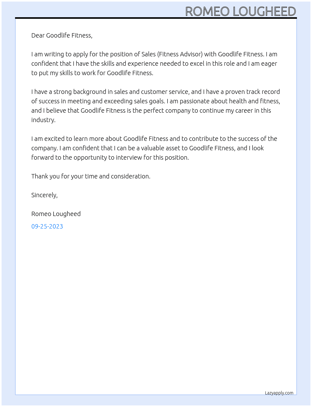 Sales (Fitness Advisor) At Goodlife Fitness Cover Letter