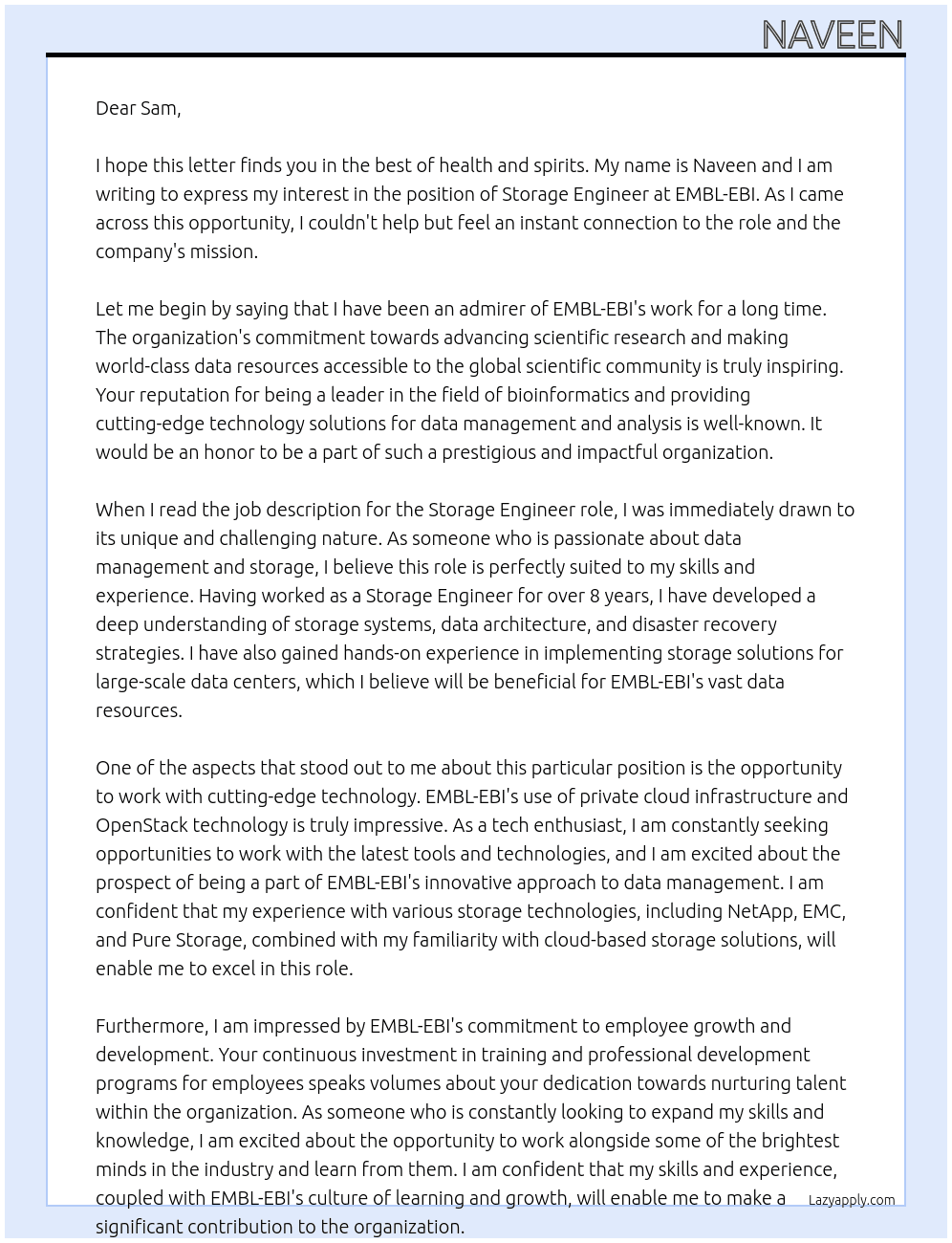 Storage Engineer At EMBL-EBI Cover Letter