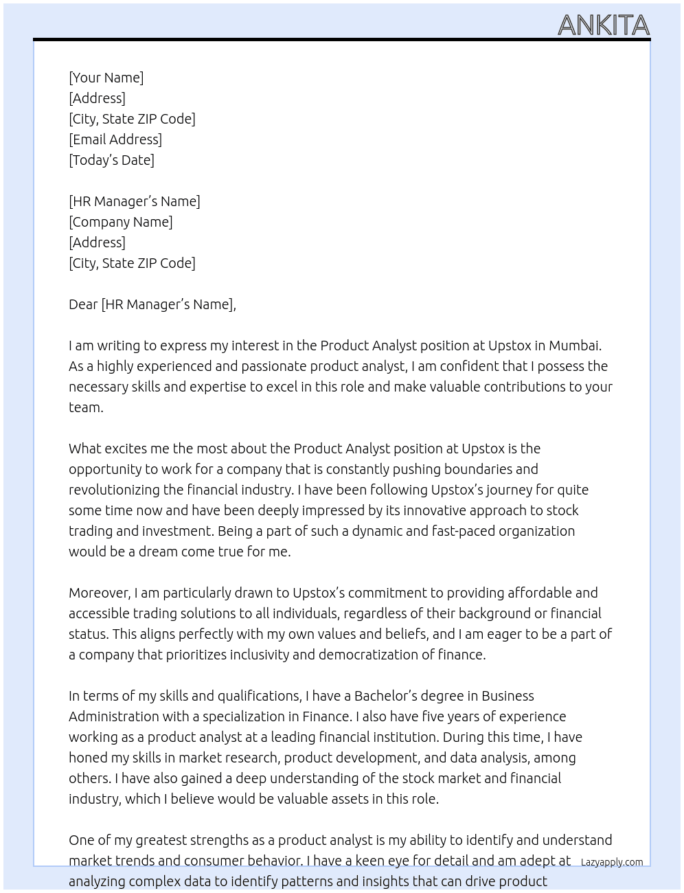 Product analyst At Upstox Cover Letter