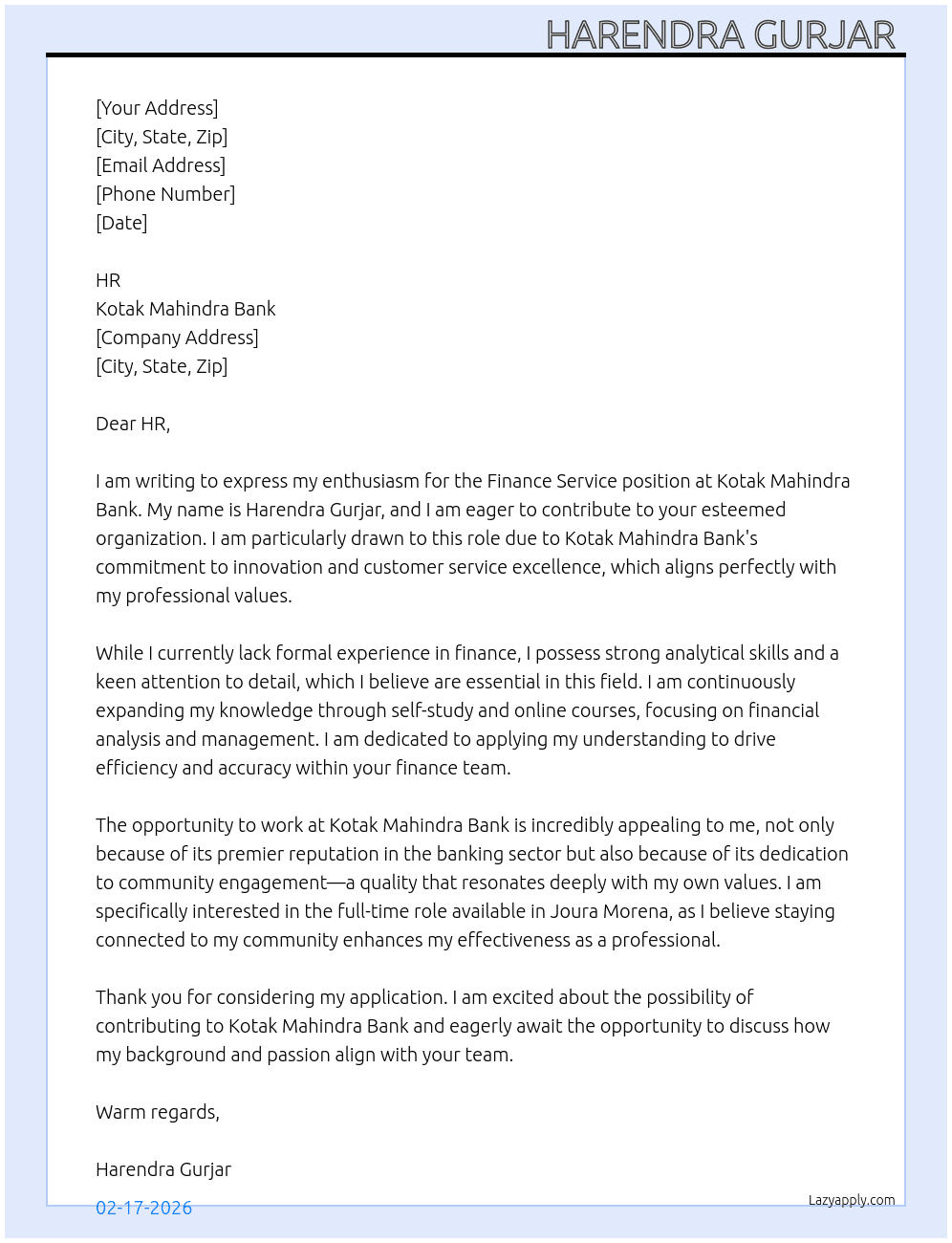 Finance service At Kotak Mahindra Bank Cover Letter