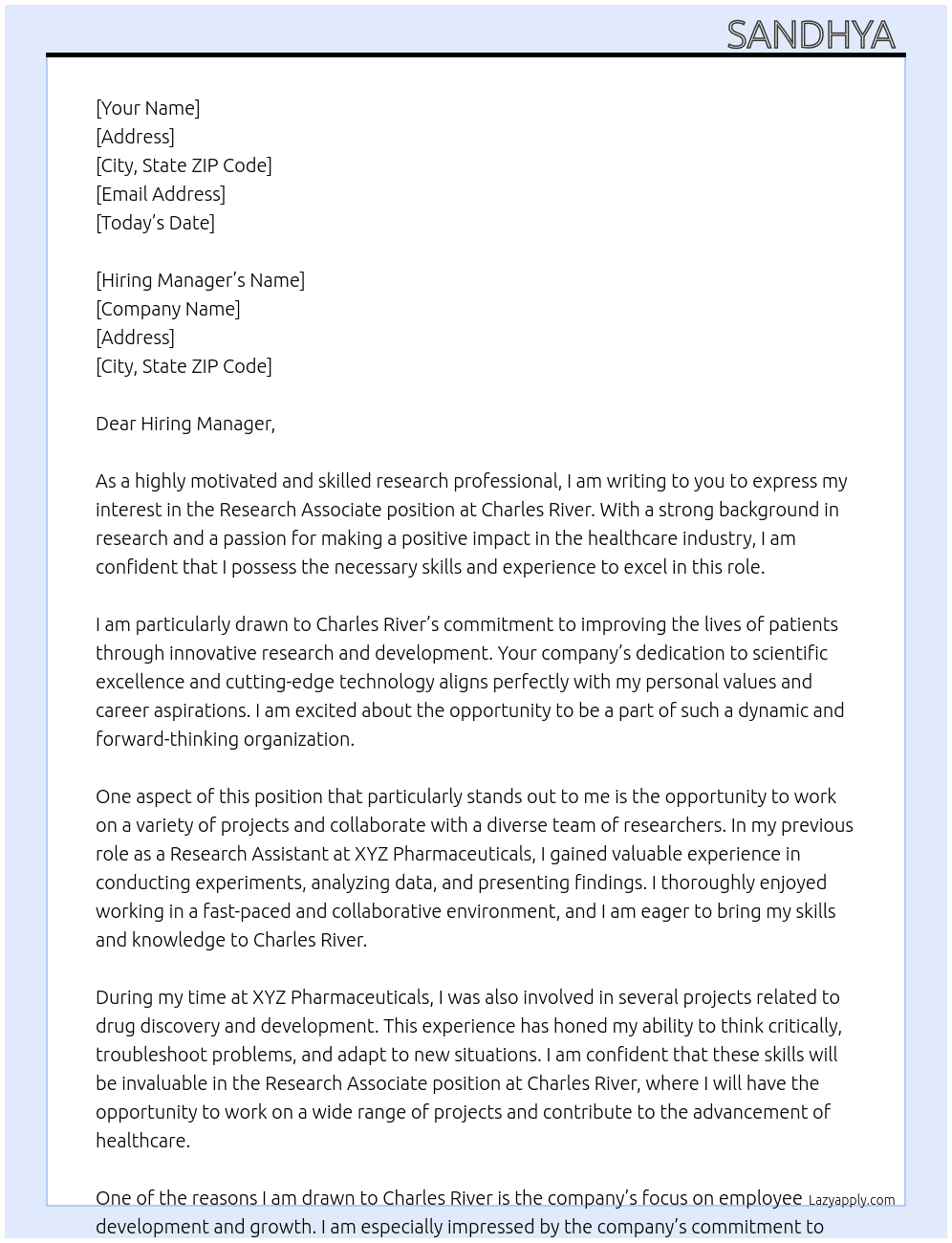 Research Associate At Charles River Cover Letter