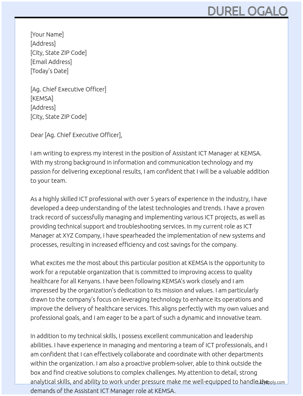 ASSISTANT ICT MANAGER At KEMSA Cover Letter