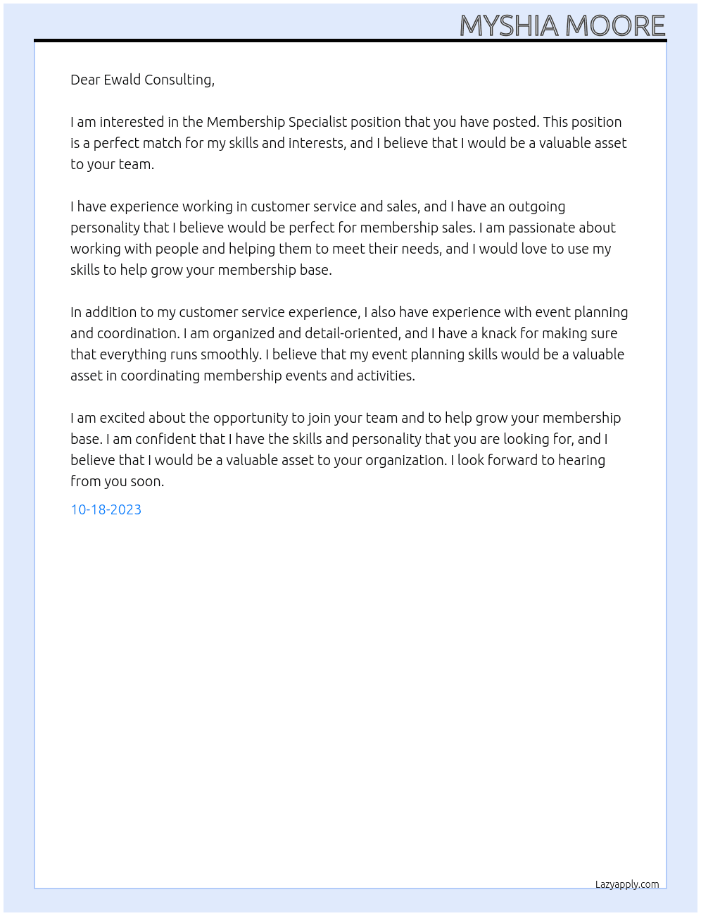 Membership Specialist At Ewald Consulting  Cover Letter