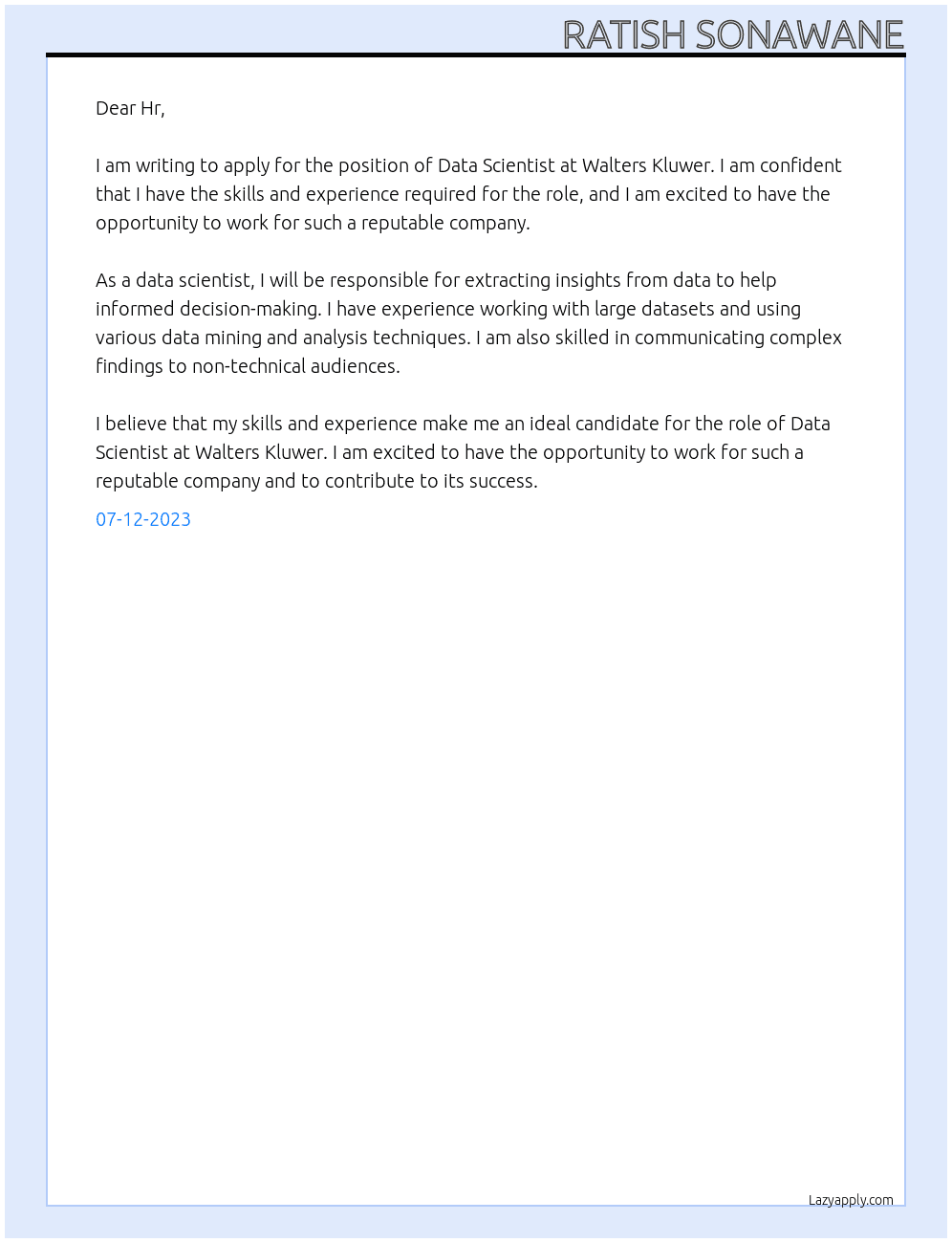 Data Scientist At Walters Kluwer Cover Letter