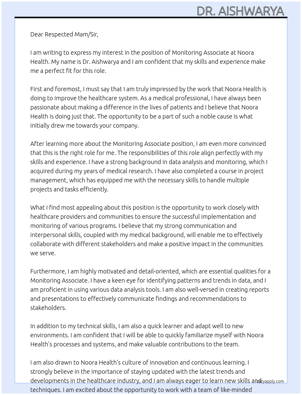 Monitoring Associate  At Noora Health  Cover Letter