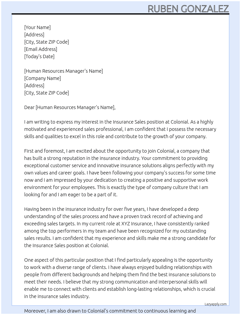 insurance sales At colonial  Cover Letter