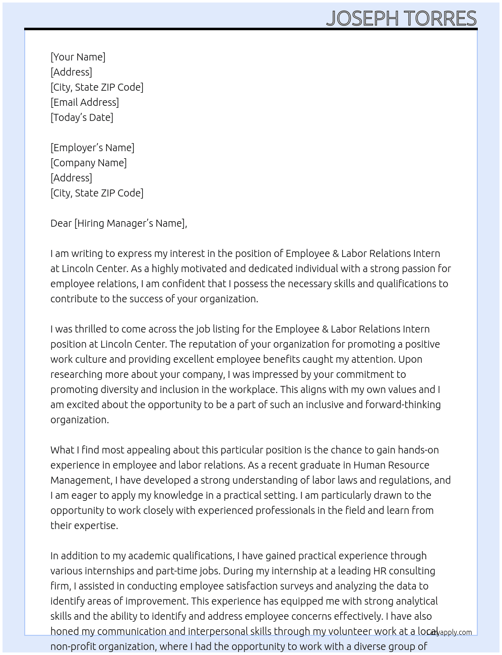 Employee & Labor Relations Intern At Lincoln Center Cover Letter