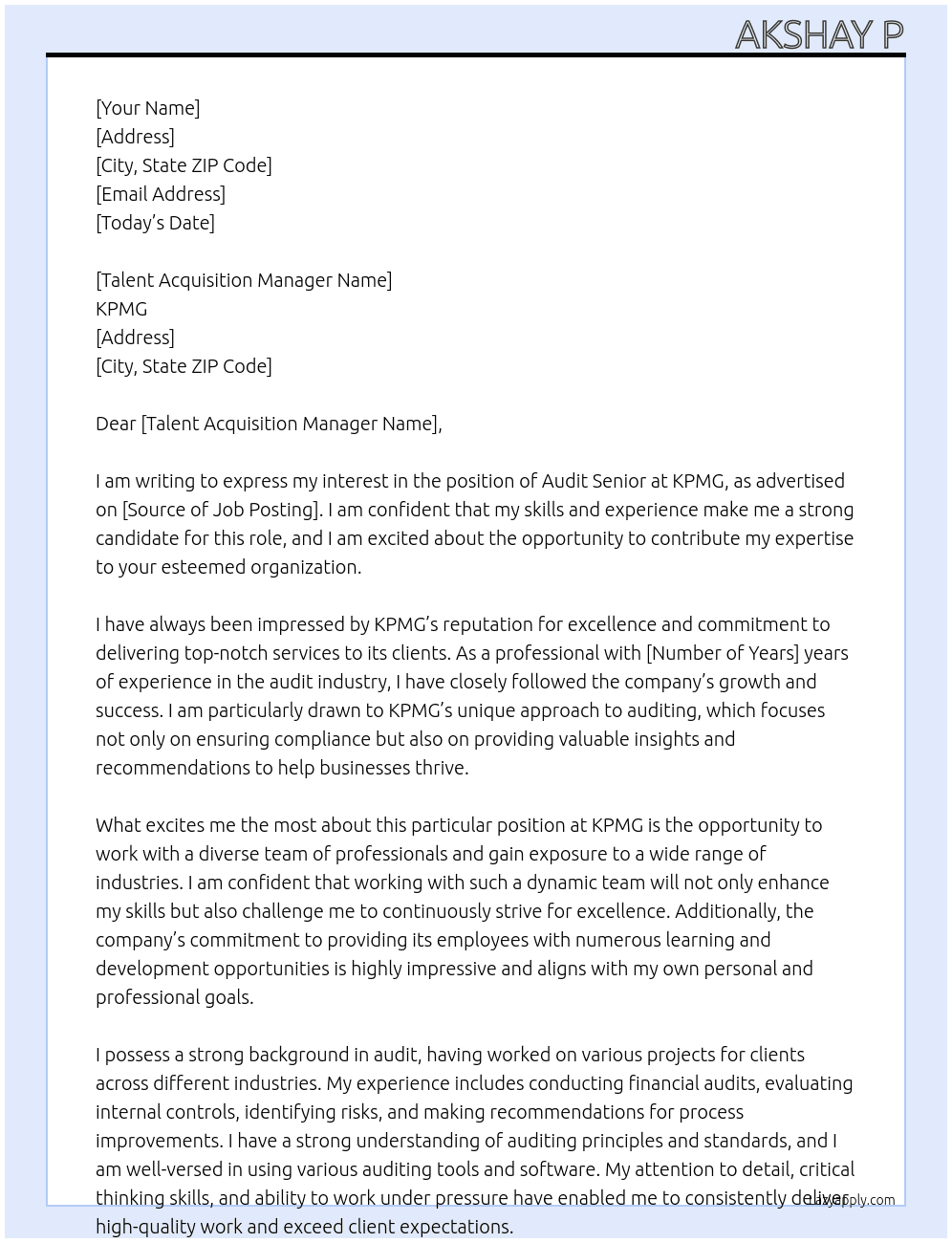 Audit Senior At KPMG Cover Letter