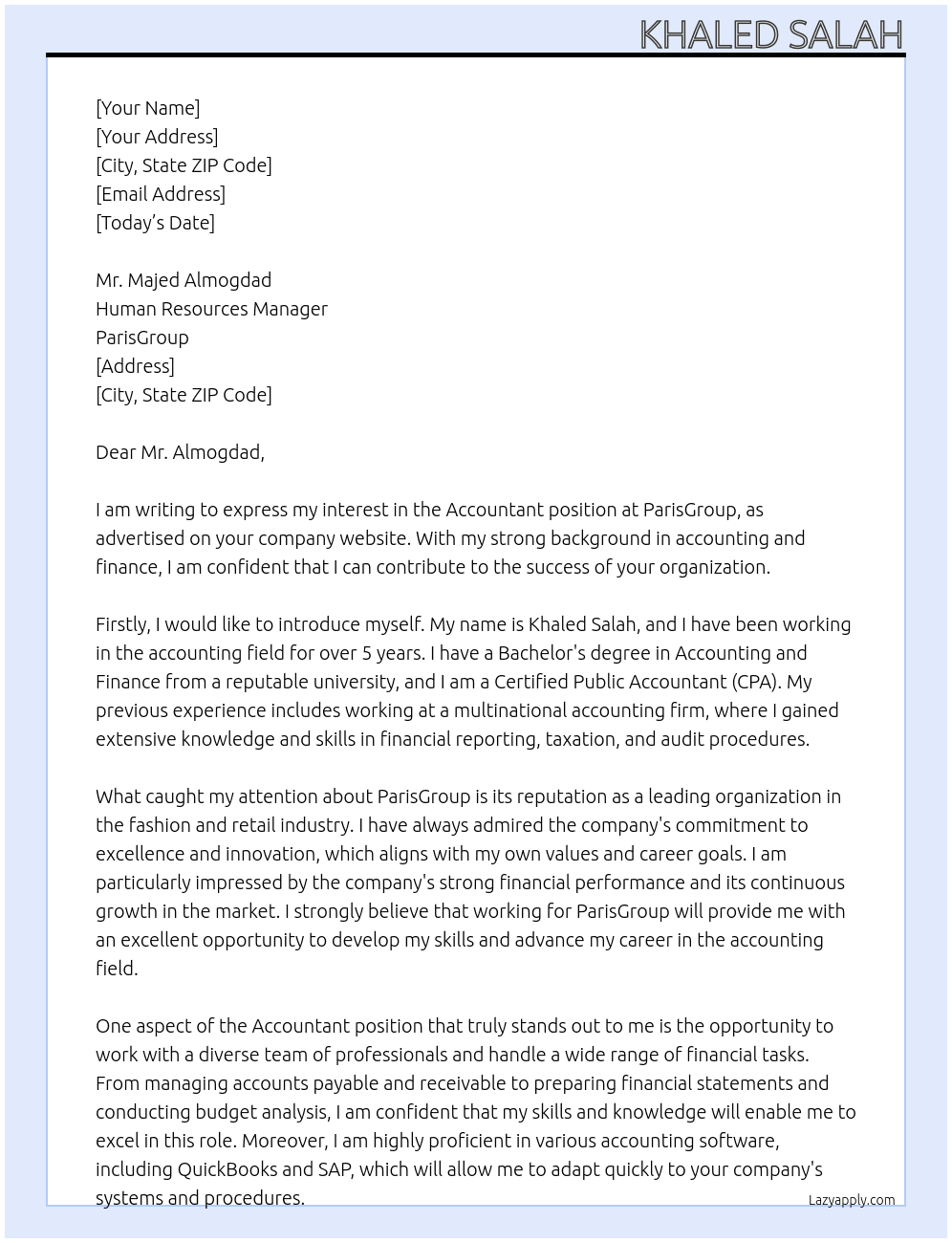 accountant At parisgroup Cover Letter