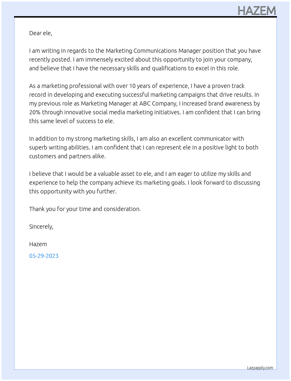 Marketing Communications Manager  At ele Cover Letter